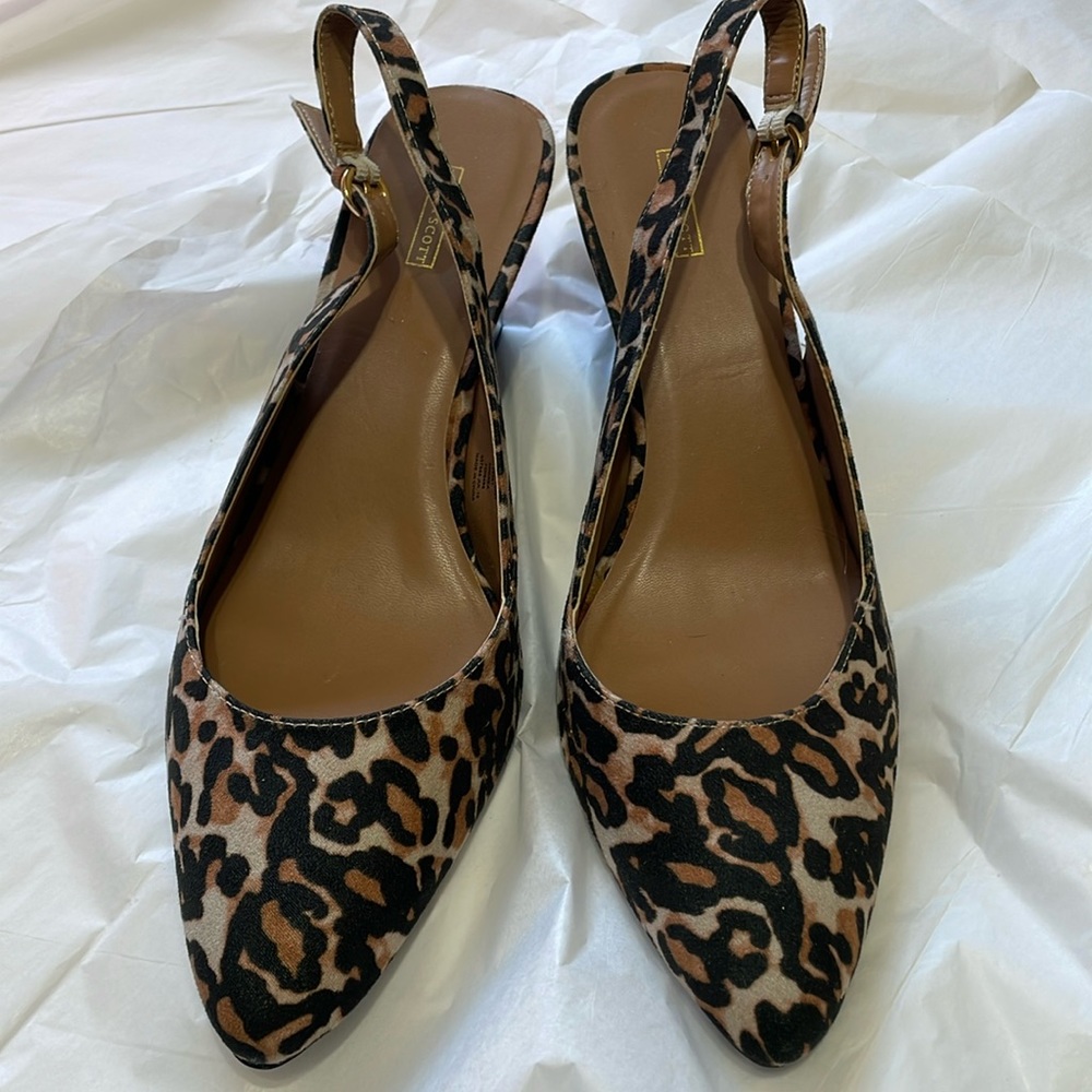 Laura Scott sling back leopard print, patent leather wedges